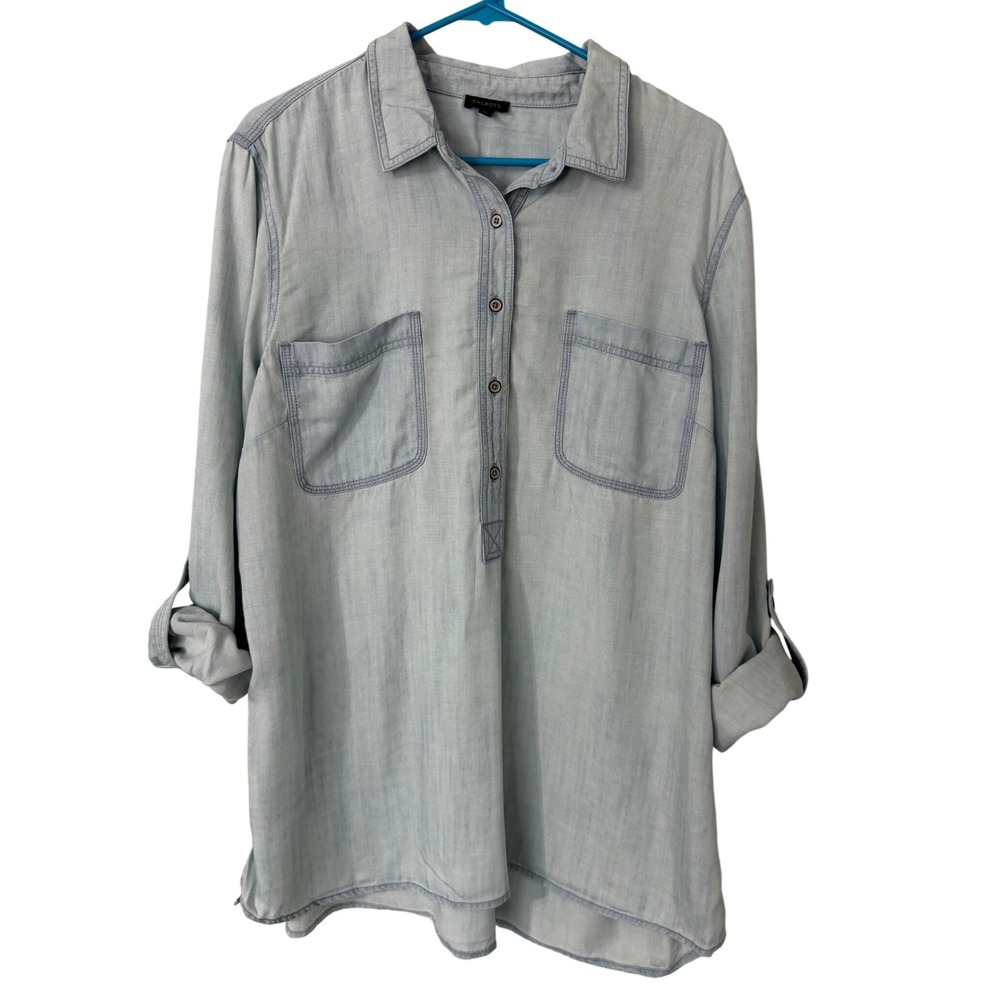Talbots Women Light Blue Chambray Tencel Lyocell Roll Tab Sleeve Shirt Size XL